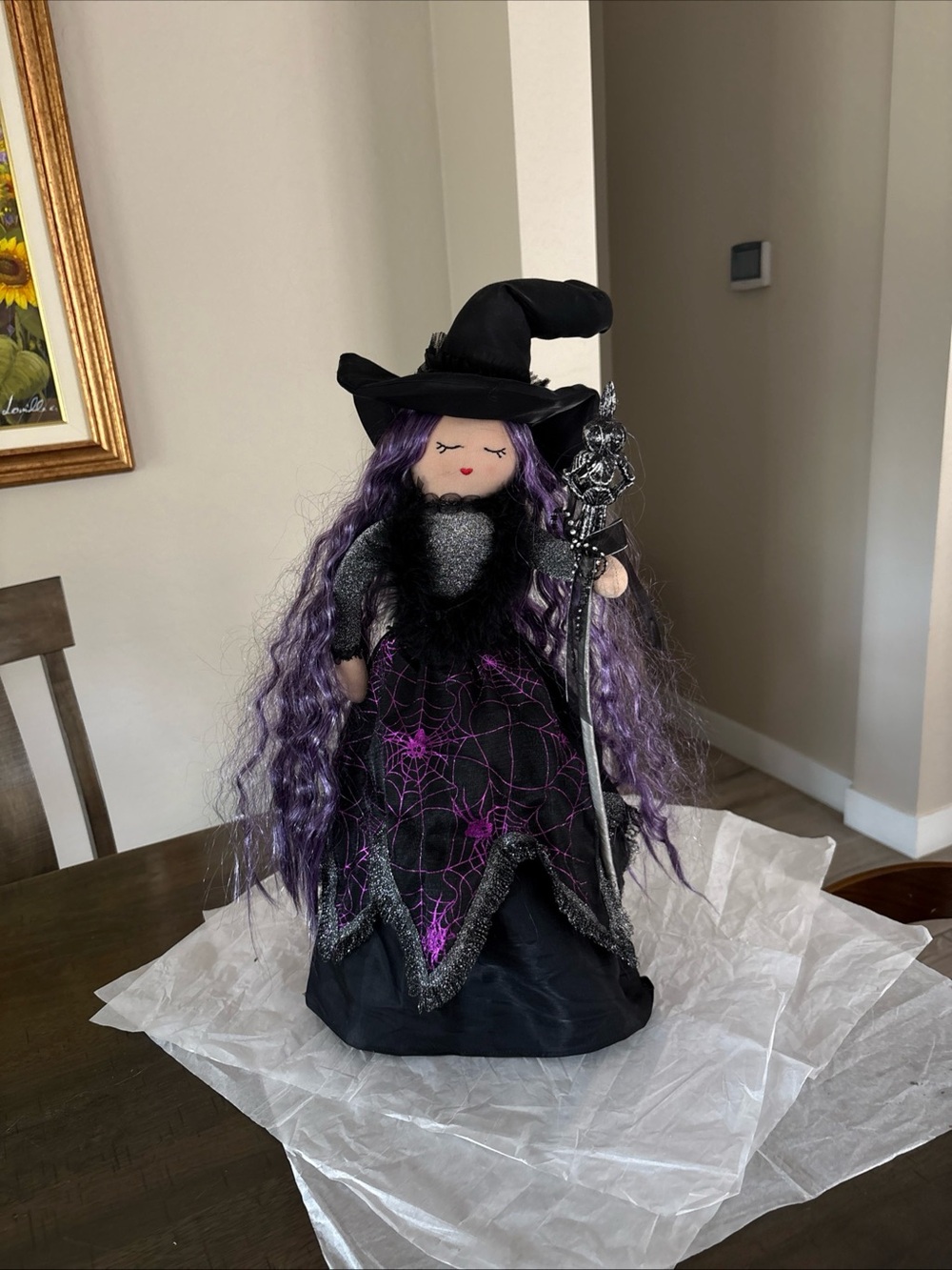 Halloween Fabric Witch Doll Purple Self Stands Cloth Doll Tabletop Decor 23"